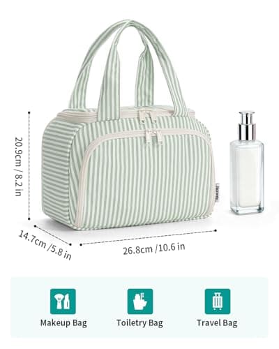 Narwey Large Toiletry Bag for Women, Travel Wash Bag Women for Full Size Toiletries, Wide Open Toiletries Bag Makeup Cosmetic Organizer Bag for Essentials Accessories (Mint Green Stripe) — view 5