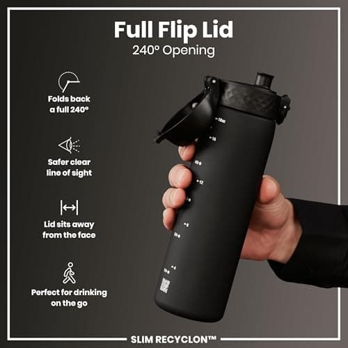 Ion8 Water Bottle, 500 ml/18 oz, Leak Proof, Easy to Open, Secure Lock, Dishwasher Safe, BPA Free, Hygienic Flip Cover, Carry Handle, Fits Cup Holders, Easy Clean, Carbon Neutral, Black — view 4