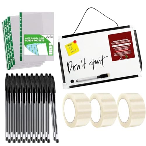 AHG Office Essentials Combo – 30 A4 Punch Pockets (30 Micron) + 10 Black Ballpoint Pens + 3 Clear Packing Tapes (48mm x 60m) + A4 Magnetic Dry Wipe Whiteboard with Eraser –
