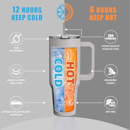 BIGRD 890ml Insulated Coffee Cup Travel Mug Double-Walled Stainless Steel Vacuum Leak-Proof Drinking Cup with Handle and Straw Thermal Tumbler,Grey — view 4