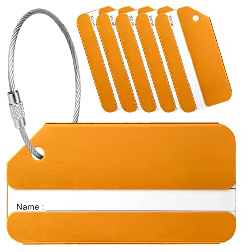 Yizhet Luggage Tags, 6 Pcs Suitcase Tags Aluminum Alloy with Steel Loop & Waterproof Name ID Card for Travel Bag, Checked Luggage, Suitcases, Laptop Bags, Backpacks, 8 x 4cm, Gold