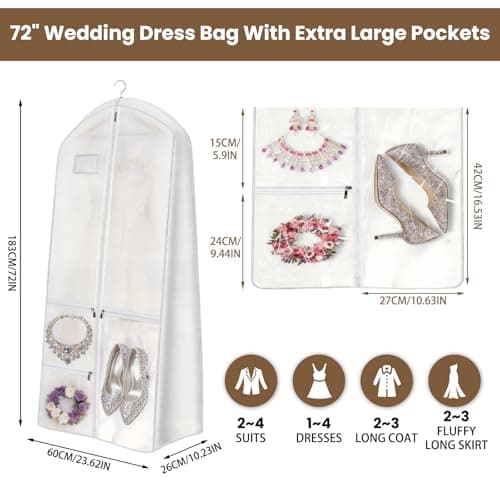 70" Wedding Dress Bag with Bride Tote Bag Covers Garment Bags with 3 Pockets and ID Slot Suit Carriers for Ball Gowns & Bridal Dress Dustproof Dress Carriers for Women Dancers Travel,White — view 2