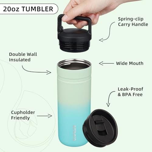BJPKPK Insulated Water Bottle with 2 Lids,600ml Double Wall Stainless Steel Vacuum Tumbler Travel Coffee Mug,Wide Mouth Thermal Cup,Mint — view 3