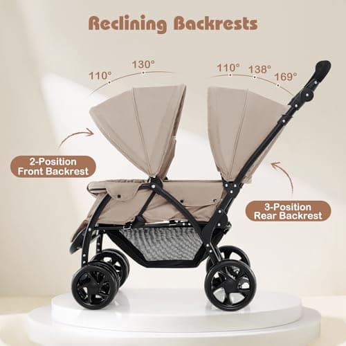 COSTWAY Double Pushchair, Foldable Twin Tandem Stroller with Adjustable Backrest, Push Handle & Footrest, 5 Points Safety Belts, Sunshade, Storage Basket, for from Birth to 15kg (Khaki) — view 2