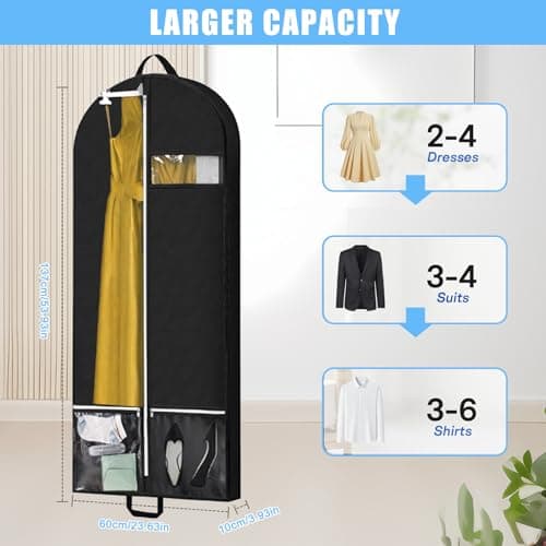 2 Pack Garment Bags for Hanging Clothes, 54x23x4 Inch Foldable Suit Cover with Clear Zipper Pockets & Handles, Heavy Duty Storage Carriers for Travel, Suit, Coat, Dress, Black — view 2