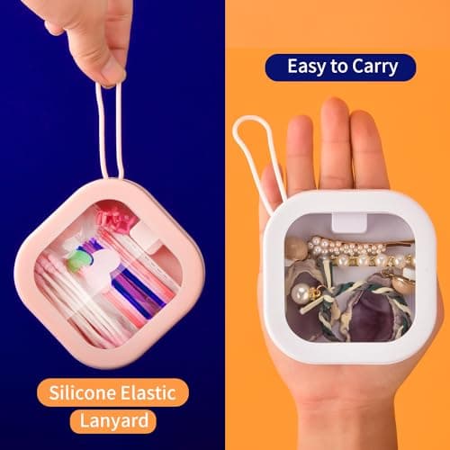 AIMIXUN 2 PCS Hair Tie Organizer Portable Qtip Holder Jewelry Crafts Holder Travel Dispenser Small Stackable Storage Box for Cotton Pads Swabs, Hairpins, Candy, Earrings 1 White+1 Pink (With Stickers) — view 3