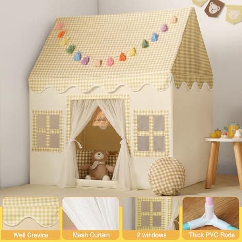 Wilwolfer Kids Play Tents Indoor: Princess PlayHouse with Yellow Checkered & Padded Mat - Cute Toddlers Play House Toys Castle Tents for Boys Girls Room Decor - 67.5×97×107.5 — view 4