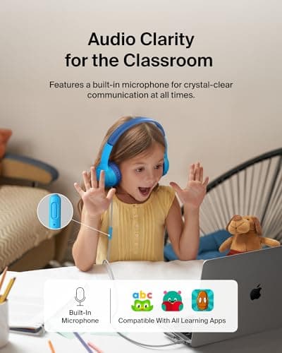 Belkin SoundForm Mini Kids Wired Headphones with USB-C to 3.5mm Dongle, Built-in Mic & Fun Stickers, 85dB Max Volume – for Online Learning, Travel, Compatible with iPhone, iPad, Galaxy, etc - Blue — view 4
