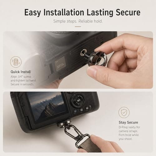 2 Pack Camera Strap Screws, 1/4 Inch Tripod Mount Adapter, Quick Install Neck Sling Holder, Scratch Resistant Rubber Pad, Durable Metal for All Standard DSLR SLR Mirrorless Cameras — view 4