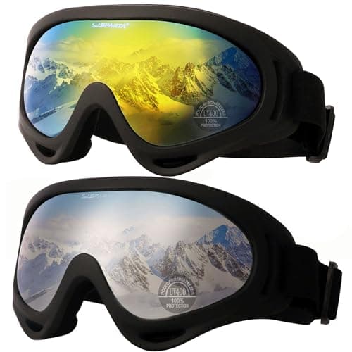 OUTDOORSPARTA 2-Pack Ski Goggles Snow Sports Goggles Snowboarding Goggles Motocycle Glasses for Men Women Youth Kids Boys Girls (7. Black Frame, Gold Lens; Black Frame, Silver Lens)