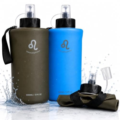 Thirsaa Collapsible 1L Soft Flask Water Bottle, BPA FREE Hydration Bottle with Roll Up Design for Running, Hiking, Cycling or Travelling (2, Blue&Charcoal)