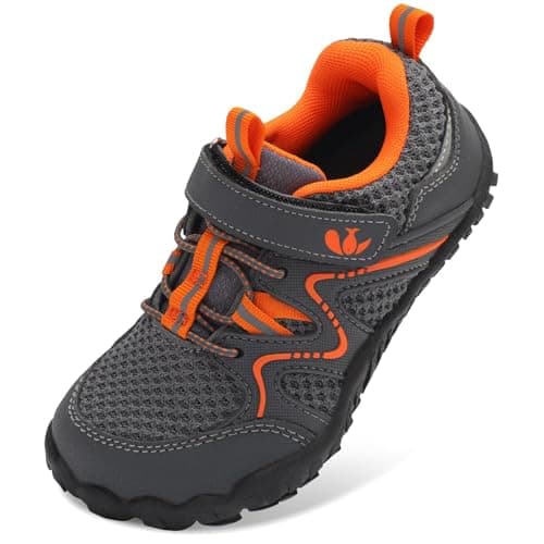 JIASUQI Kids Shoes Boys Girls Barefoot Walking Shoes Kids Breathable Hiking Shoe Lightweight Outdoor Tennis Shoe(Grey Orange,Big Kid Size 3)