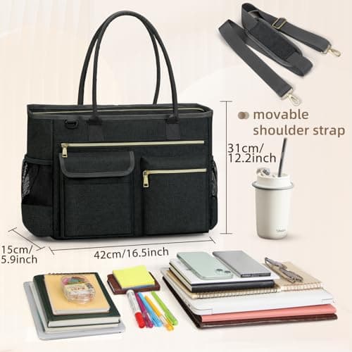 RAINSMORE Laptop Tote Bags for Women 15.6 inch Teacher Bag Large Nurse Utility Bag Computer Messenger Briefcase with Insulated Pocket for Work School Office Business University Dark Grey — view 6