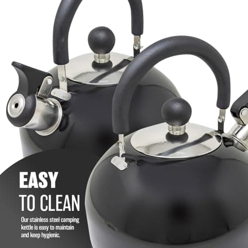 2.5 Litre Stainless Steel Camping Whistling Kettle for Fishing, Hiking, Holiday - Portable Travel Teapot Kettle for Gas Stove Hob, Electric Stove, Camp Fire | Lightweight, Phenolic Handle - 2.5L Black — view 6