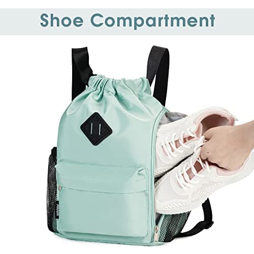 WANDF Drawstring Backpack Sports Gym Bag with Shoes Compartment, Water-Resistant String Backpack Cinch for Women Men (Mint Green,Medium) — view 2
