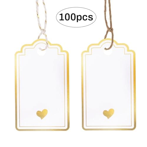 Dmnnlp 100pcs Gift Tags with String, Foil Gold Heart Paper Gift Tags, 5x9cm Personliazed White Blank Labels for Birthday Wedding Baby Shower Valentines Mothers Day Christmas Decoration