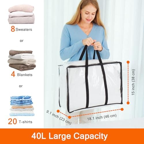 Vieshful 3 Pack Clear Comforter Storage Bag, 40L Clothes Storage Bag with Zipper Closet Organizer, Plastic Storage Containers Moving bags for Comforter, Blanket, Bedding, Duvet, Toys — view 2