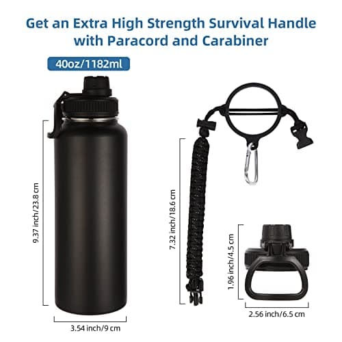 Volhoply 1200ml Insulated Water Bottles Paracord Handle, Stainless Steel Sports Bottle with Spout Lid, Double Walled Travel Water Cups with Wide Mouth, Reusable Water jug for Adults (Black, 1 Set) — view 3