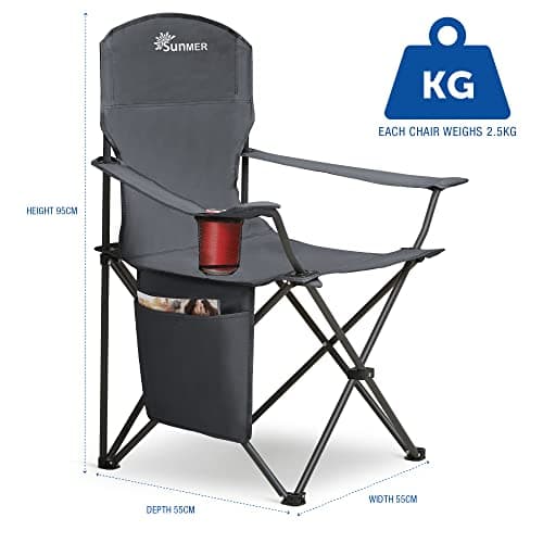 SUNMER Folding Camping Chairs - Set of 2, Extra-Wide Lightweight Outdoor Chairs with Armrests, Cup Holder and Side Pocket - 120kg Capacity per Chair - Professional Travel & Garden Seating - Dark Grey — view 3