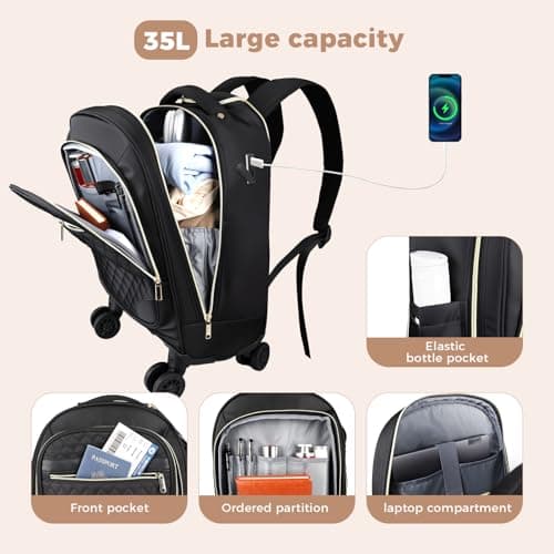 Women's 15.6" Wheeled Backpack -Lightweight Travel Trolley Carry-On Luggage (52x32x20cm) -Waterproof laptop bag on wheels & Telescopic Handle for Business, College, and Airplanes -30L Capacity - Black — view 5