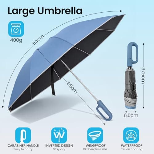 M.J COMFY-LIFE Compact Reverse Folding Umbrella with Ergonomic Carabiner Handle – Travel Umbrella Windproof & Waterproof, Auto Open/Close, Strong 10-Rib Frame, Portable Folding Umbrella (Blue) — view 4