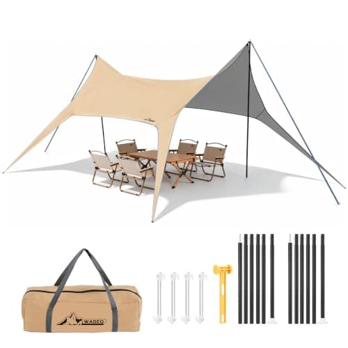 WADEO Camping Tarp Shelter with Poles, Waterproof Heavy Duty Bushcraft Tarp, Rain Fly Hammock Cover, Outdoor Shelter for Camping, Hiking, Festival (New Khaki - 3x4.5m)