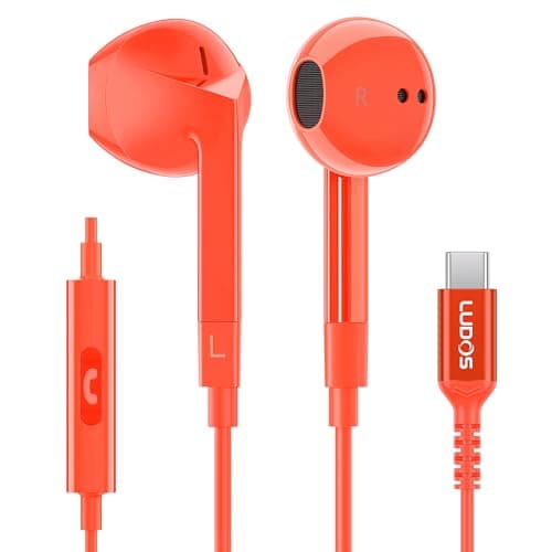Ludos FEROX USB C Headphones, 5 Years Warranty, USB-C Earbuds for iPhone 16 15 Pro Max Plus Samsung Galaxy S24 S23 Ultra S22 S21 FE S20 Z Flip 3 Fold 4 A53 A54, USB Type C Earphones for iPad - Coral