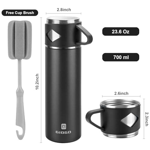 Vacuum Insulated Flask 700ml/23.6oz Stainless Steel Thermo Bottle with Cup for Coffee Water Hot and Cold Drink Flasks.(Black,Set) — view 2