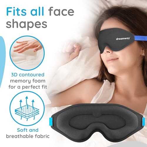 Dreamway 100% Blackout Sleep Mask - 3D Contoured - Memory Foam - Ice Silk Fabric - Seamless Fit - Includes Storage Pouch - Blackout Mask for Sleeping - Sleep Mask for Eyes (Black/Blue) — view 2