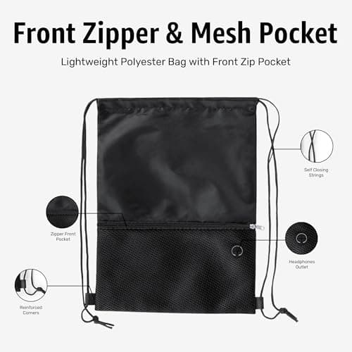 Bodygenix Unisex Drawstring Backpack for Sports – Lightweight Polyester Bag with Front Zip Pocket & Headphone Port – Waterproof Cinch String Bag for Sports, School, Swim, Travel & Beach Use - Black — view 3