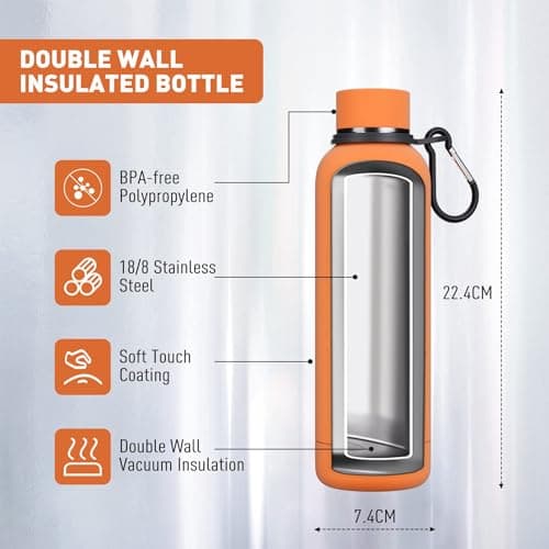 Exllena Insulated Water Bottle 500ml with Buckle, Double Wall Vacuum Insulated - 12 Hrs Hot/24 Hrs Cold, Stainless Steel - BPA Free (Orange) — view 3