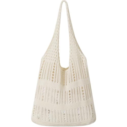 WantGor Crochet Bags, Beach Mesh Tote Bag Womens Shoulder Shopping Handbag Casual Travel Totes Bag Foldable Hobo Bags (Cream White)