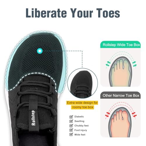 Rollstep Wide Toe Box Shoes Women Extra Wide Width Sneakers Air Cushion Road Running Shoes Ultra Light Tennis Gym Workout Training Shoes Breathable Walking Shoes with Arch Support, Black, 7.5 Wide — view 3