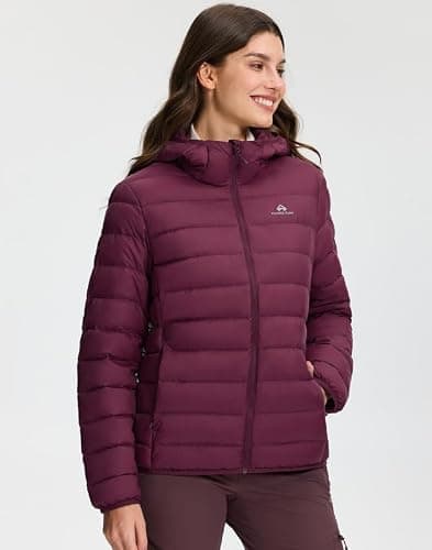 Pioneer Camp Women's Down Jacket, Lightweight Packable Insulation, Transition Jacket, Quilted Jacket with Hood and Zip Pockets, Winter Jacket for Hiking, Travel, maroon banner, M — view 6