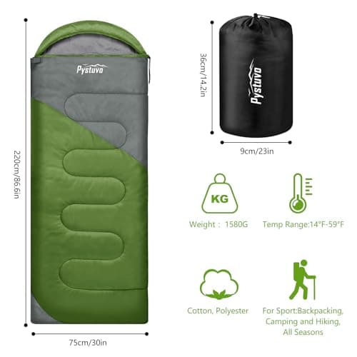 Pystuvo Sleeping Bag for Adults,4 Season Sleeping Bag,Lightweight,Waterproof Indoor & Outdoor Use,Green+Gray — view 2