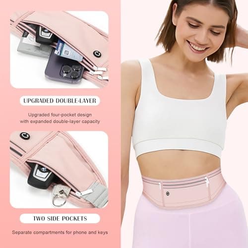 Mayoii Double-Layer Design Running Belt for Women and Men Lightweight Running Waist Belt with Water Bottle Pocket,Multi-Pocket Phone Holder Running Pouch (1, B-Pink, One Size) — view 3