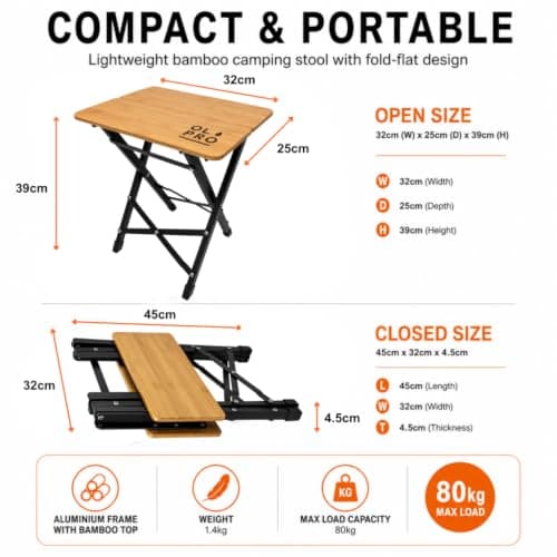 OLPRO Bamboo Camping Stool – Lightweight Foldable Tripod Stool with Aluminium Frame, Portable & Compact, Durable Bamboo Top, 2-Fold Design, Perfect for Camping, Festivals & Travel — view 4