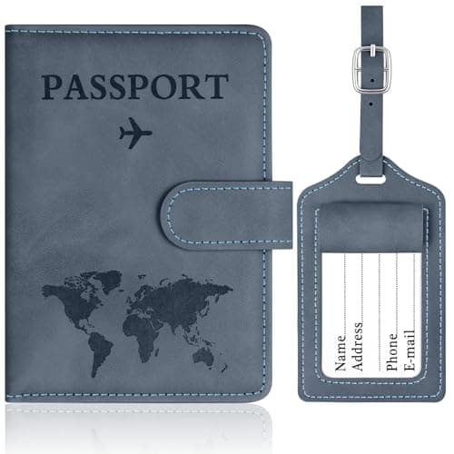 OFFCUP Passport Holder Cover, PU Leather Passport Cover and Luggage Tag Set with RFID Blocking Travel Wallet, Universal Travel Wallet Case Organiser for Money, Boarding Passes, Credit Cards Sea Blue