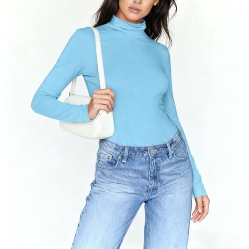 Long Sleeve Tshirt Women Thermal Polo Neck Soft Warm Slim Fit Plain Jumpers Base Layer Yoga Underwear Lightweight Stretch Basic Pullover Top Sports Tight Undershirt 2026 Sky Blue — view 3
