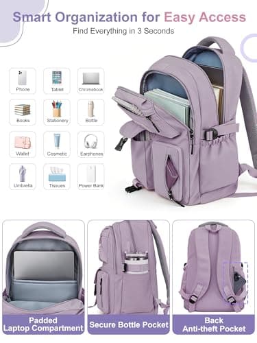 FIORETTO Lightweight School Backpack Womens, Cute School Bag for Teenager Girls, 15.6 Laptop Rucksack Backpack for School Casual Daypacks Travel Backpack for College Work Purple 25L — view 4