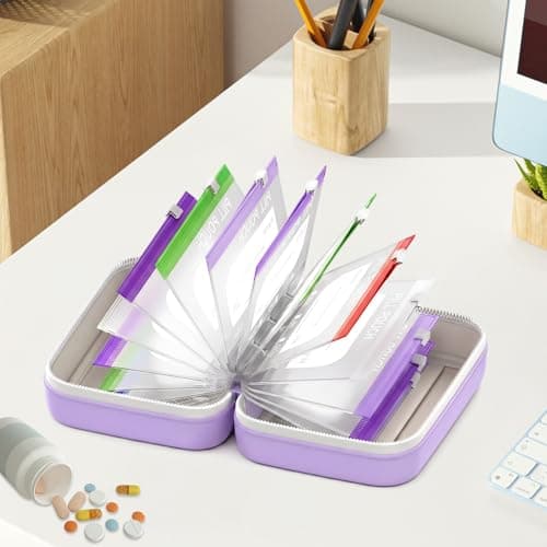 A8 Waterproof Pill Pouch Set, Weekly Pill Organiser with 14 Colour-Coded Pouches, Reusable Travel Medication Storage Binder, Portable Zip Pill Case for Vitamins, Fish Oil and Tablets-Purple — view 4