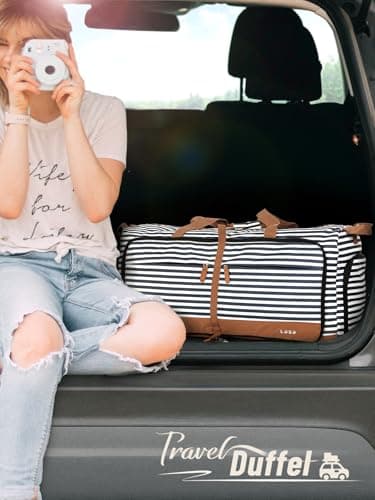 Lekesky Large Foldable Travel Duffe Bag - 60L Waterproof Holdall Luggage Bag with Shoes Compartment, Weekend Overnight Sports Bag for Women and Men(Striped, 63 * 30 * 28cm) — view 2