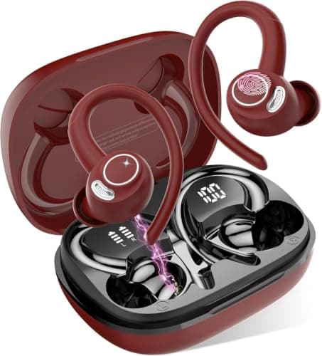 Sports Wireless Earbuds with EarHooks HiFi Stereo Sound, Elegant Red