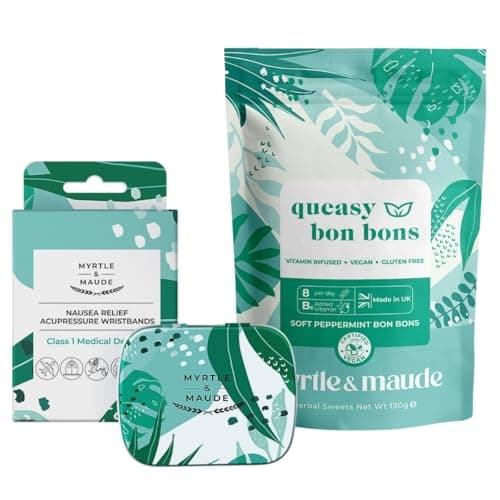 Myrtle & Maude - Instant Nausea & Morning Sickness Relief Bundle - Contains Nausea Relief Acupressure Wristbands and Queasy Days Vitamin B6 Peppermint Bon Bons - All Natural Solutions – Vegan