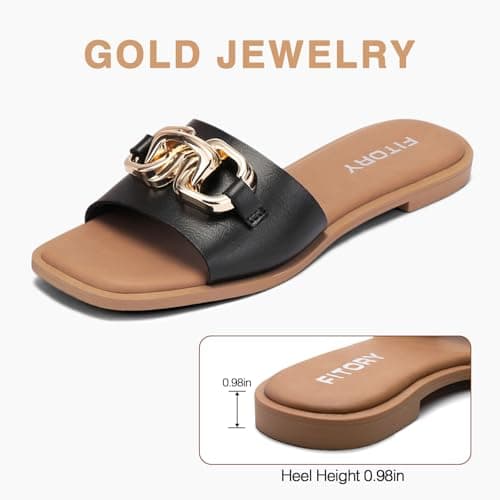 FITORY Women Flat Sandals Slip On Leather Slide Summer Dark Black Size 6 — view 4