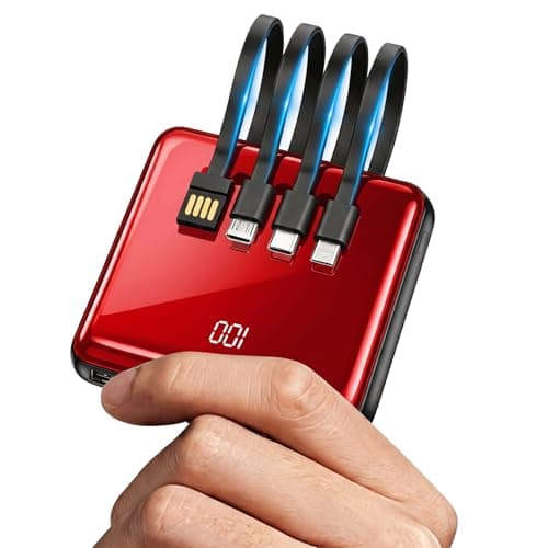 Portable Charger, 10000mAh Power Bank with Built in 4 Cables, Slim Smallest Portable Charger LED Display, External Battery Pack Travel Essential Phone Charger for iPhone Samsung iPad Android (Red)