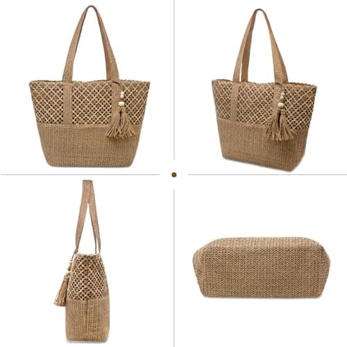 YAMEIZE Straw Woven Beach Shoulder Bags for Women Big Foldable Straw Tote bag Lightweight Raffia Bag with Zipper Summer Vacation — view 6