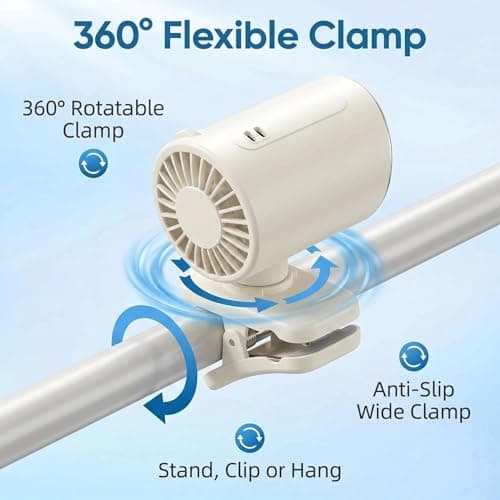 BRTNUP Car Clip on Air Conditioner Fan, Portable Clip on Fan with LED Display, 199 Speeds 360° Rotation Rechargeable Personal Cooling Fan for Car Office Home Desk Pram Travel (White) — view 4