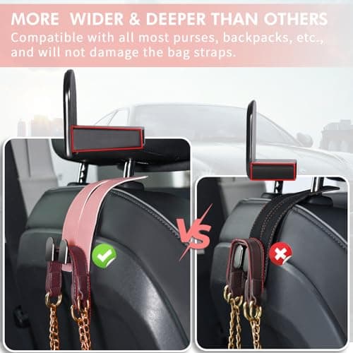 Car Hooks for Headrest, Leather Car Seat Back Storage Organizer Interior Accessories, More Wide & Deep Auto Seat Hook Hangers for Purse Umbrellas Handbag Clothes Coats Grocery Bags (Pink-4 Pack) — view 4