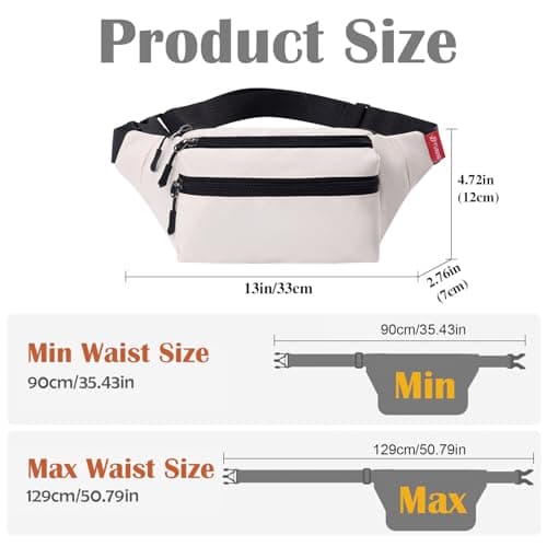 Risipu Bum Bag for Men Women, Lightweight Water-Resistant Waist Packs with Adjustable Belt & 3 Zipper Pockets, Fashionable Fanny Pack for Travel, Running, Hiking, Cycling (White) — view 3